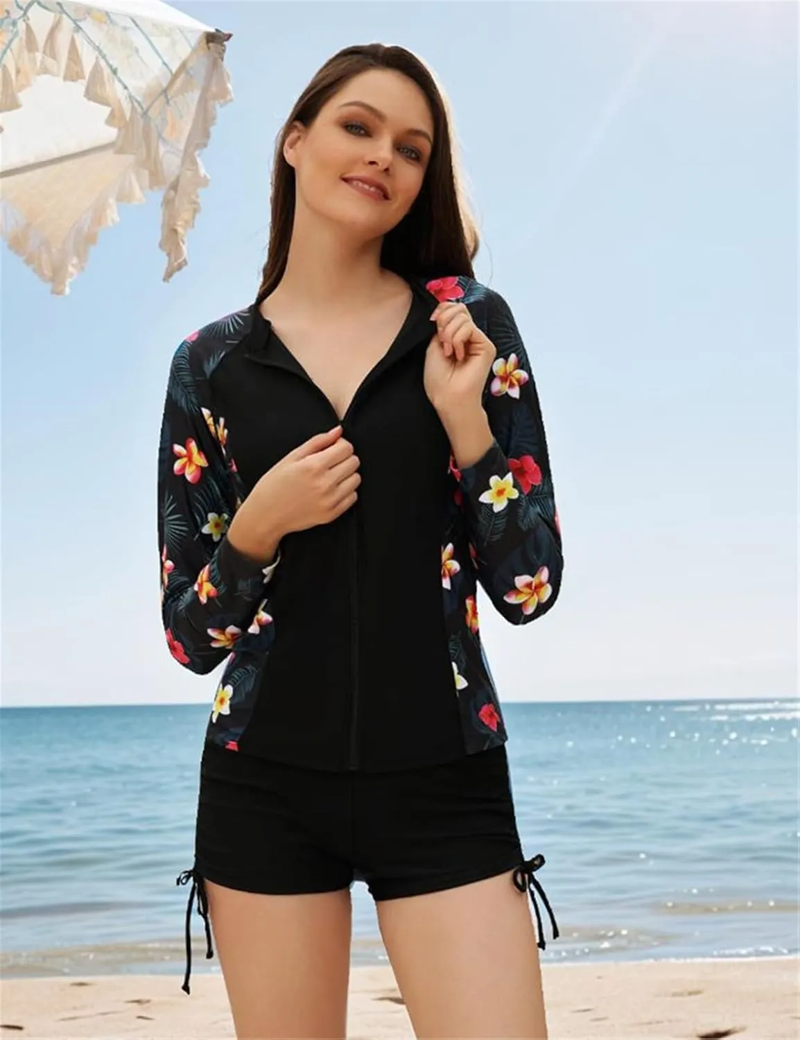 JASAMBAC Women 3 Piece Rash Guard Long Sleeve Zip Up Swimsuits with Boyshort UV UPF 50  Swim Shirt Built in Bra