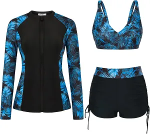 JASAMBAC Women 3 Piece Rash Guard Long Sleeve Zip Up Swimsuits with Boyshort UV UPF 50  Swim Shirt Built in Bra