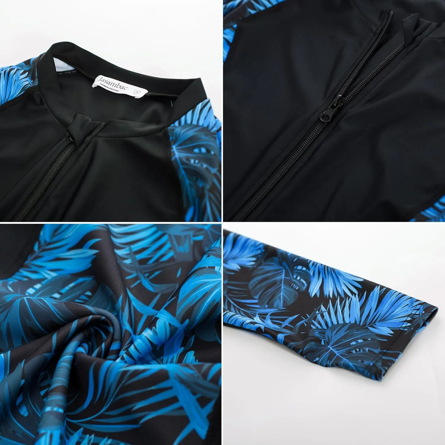 JASAMBAC Women 3 Piece Rash Guard Long Sleeve Zip Up Swimsuits with Boyshort UV UPF 50  Swim Shirt Built in Bra