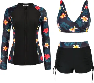 JASAMBAC Women 3 Piece Rash Guard Long Sleeve Zip Up Swimsuits with Boyshort UV UPF 50  Swim Shirt Built in Bra