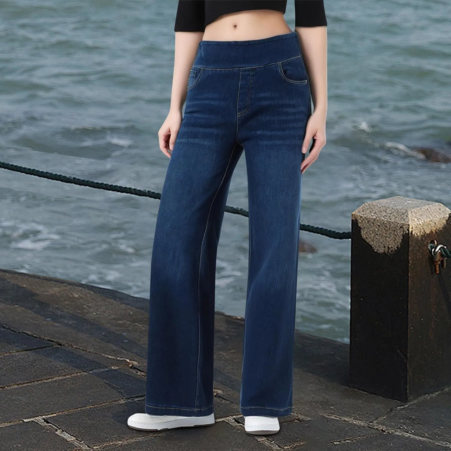 Jeans for Women 2025 New Pull On Wide Leg High Waist Stretchy Denim Pants Straight Tummy Control Loose Baggy Trendy Trousers