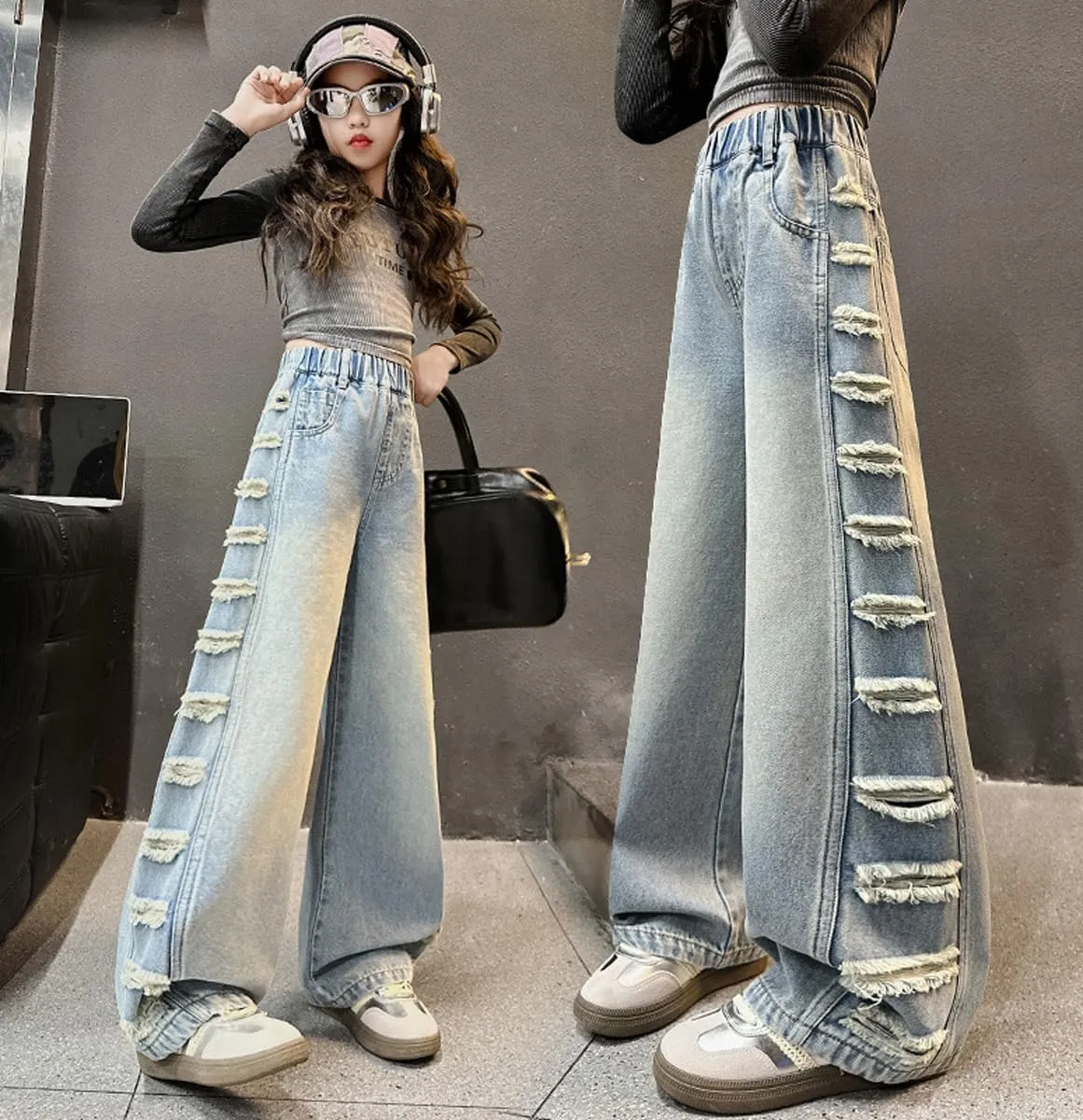 Kids Girls' Casual Wide Leg Baggy Ripped Jeans Cool Loose Fit Distressed Denim Pants Size 5-14 Years