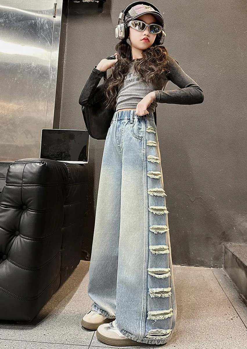 Kids Girls' Casual Wide Leg Baggy Ripped Jeans Cool Loose Fit Distressed Denim Pants Size 5-14 Years