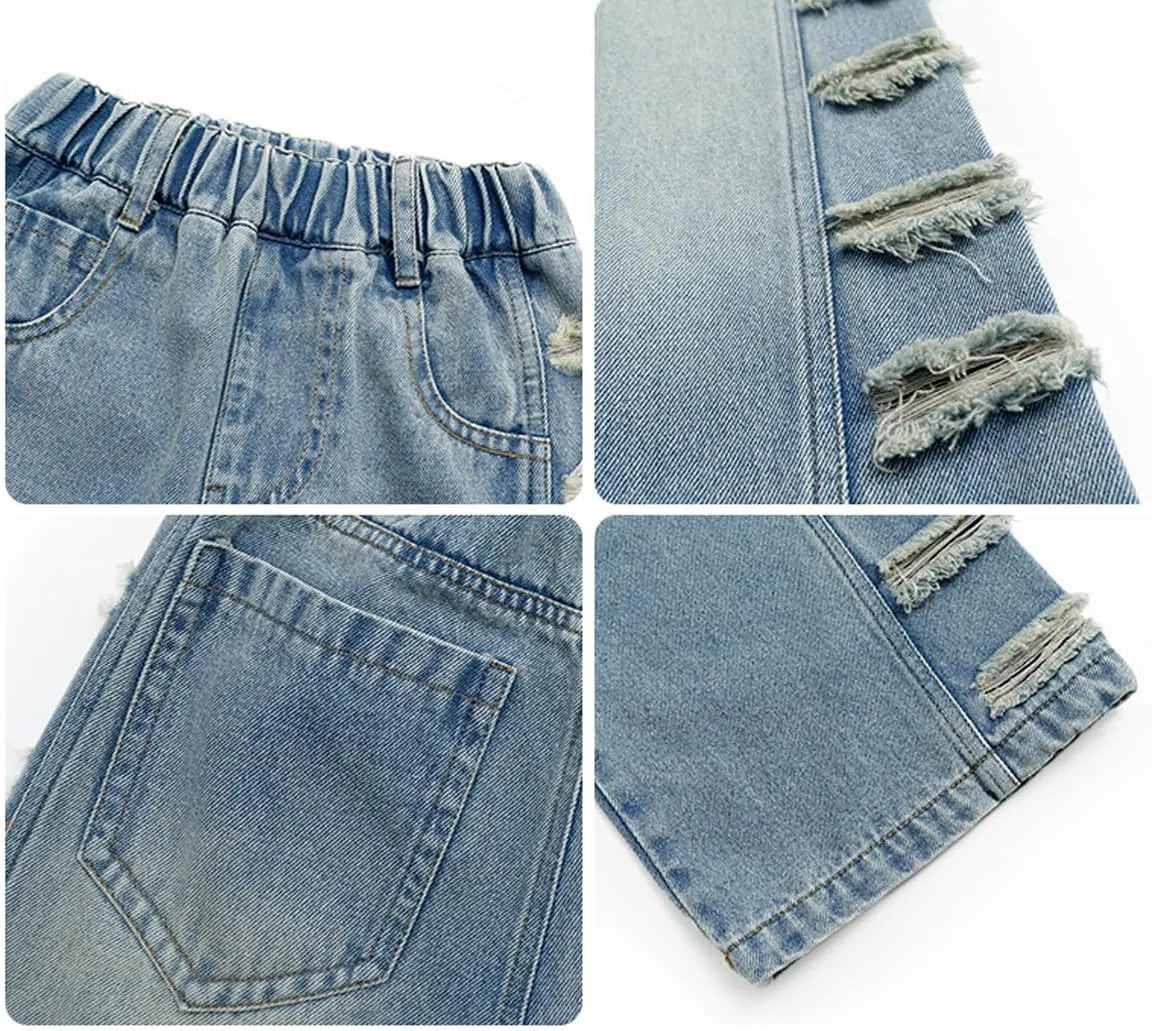 Kids Girls' Casual Wide Leg Baggy Ripped Jeans Cool Loose Fit Distressed Denim Pants Size 5-14 Years
