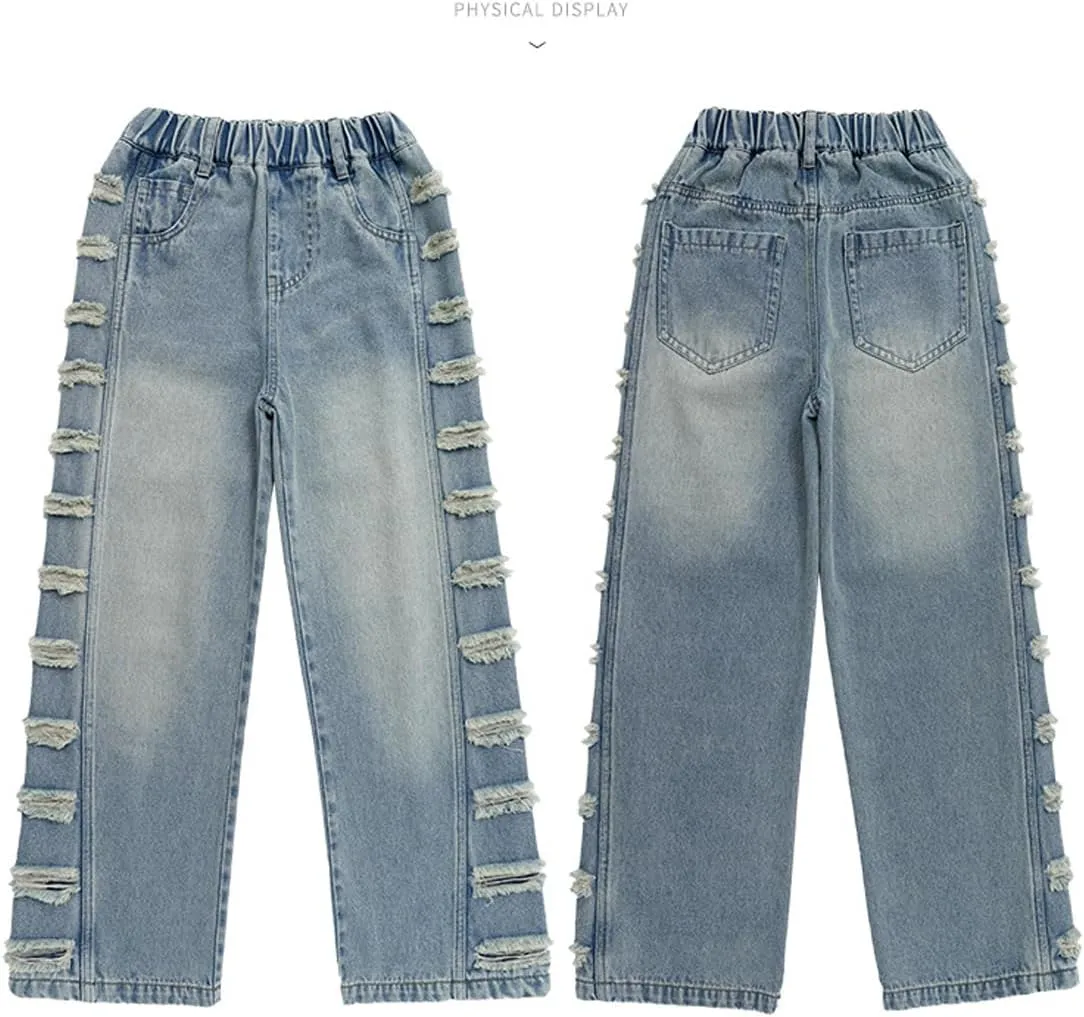 Kids Girls' Casual Wide Leg Baggy Ripped Jeans Cool Loose Fit Distressed Denim Pants Size 5-14 Years