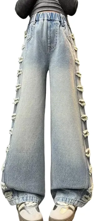 Kids Girls' Casual Wide Leg Baggy Ripped Jeans Cool Loose Fit Distressed Denim Pants Size 5-14 Years