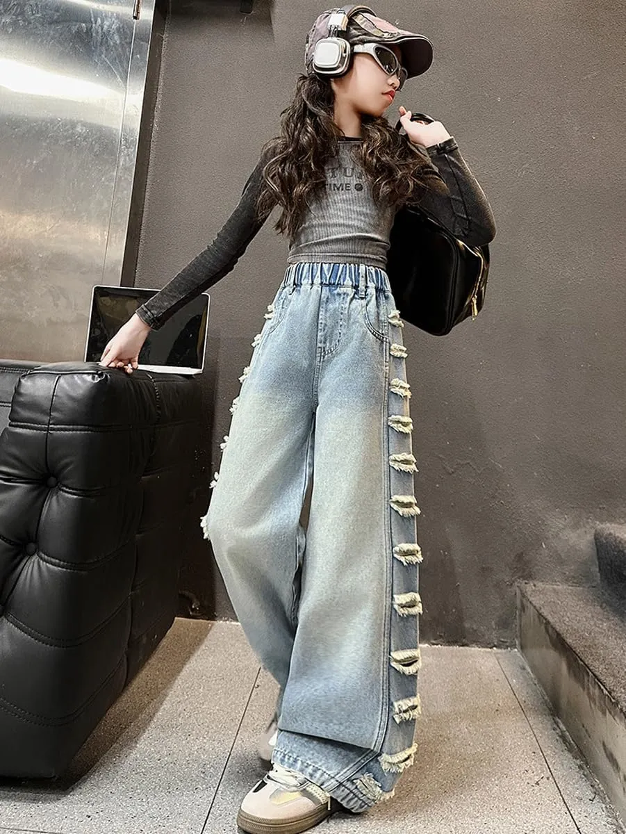 Kids Girls' Casual Wide Leg Baggy Ripped Jeans Cool Loose Fit Distressed Denim Pants Size 5-14 Years
