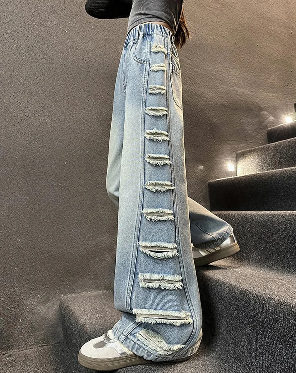 Kids Girls' Casual Wide Leg Baggy Ripped Jeans Cool Loose Fit Distressed Denim Pants Size 5-14 Years