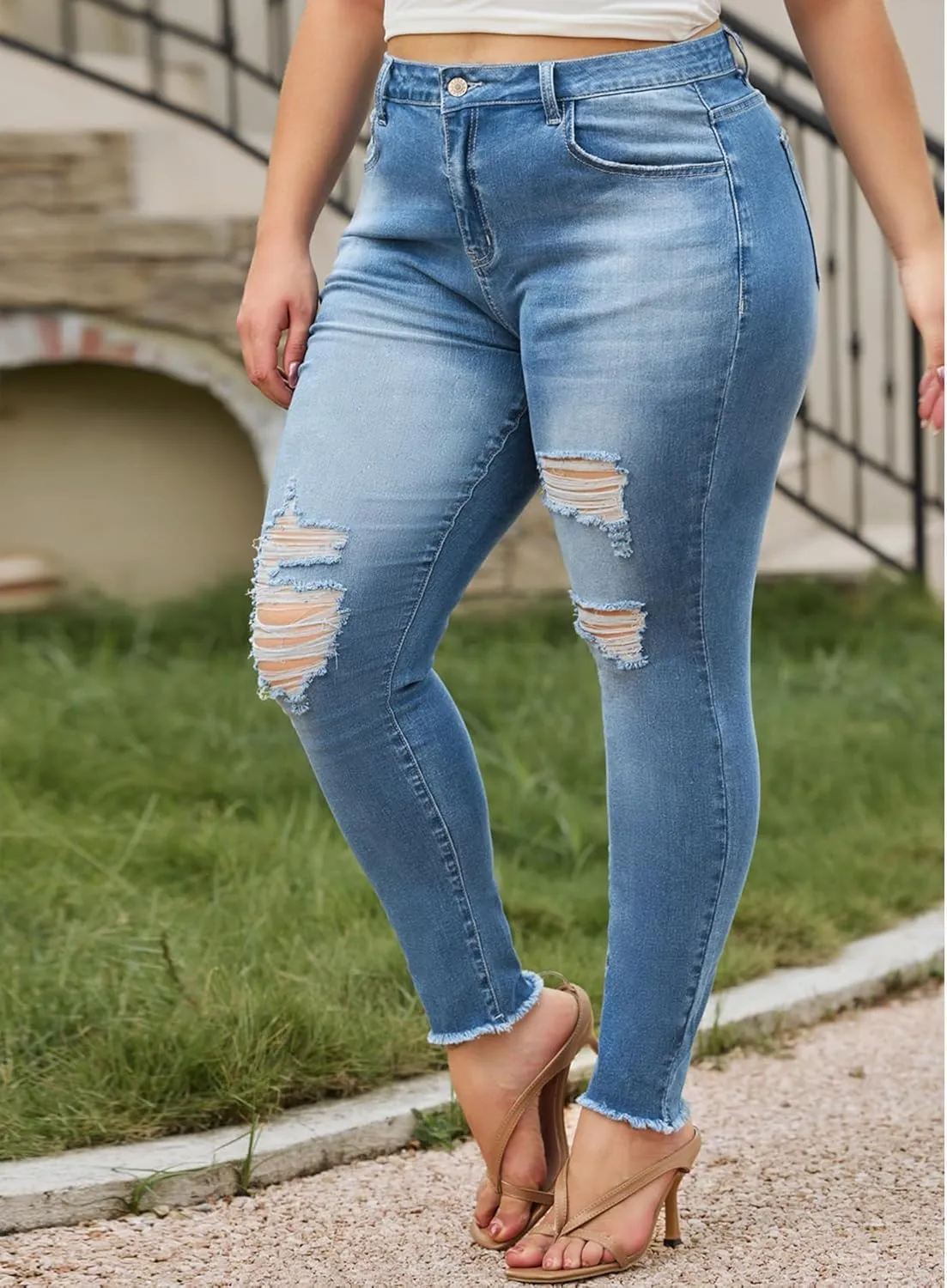 LALAGEN Women 2025 Plus Size Skinny Jeans Stretchy High Waisted Ankle Jean Destroyed Ripped Denim Pants 1X-5X