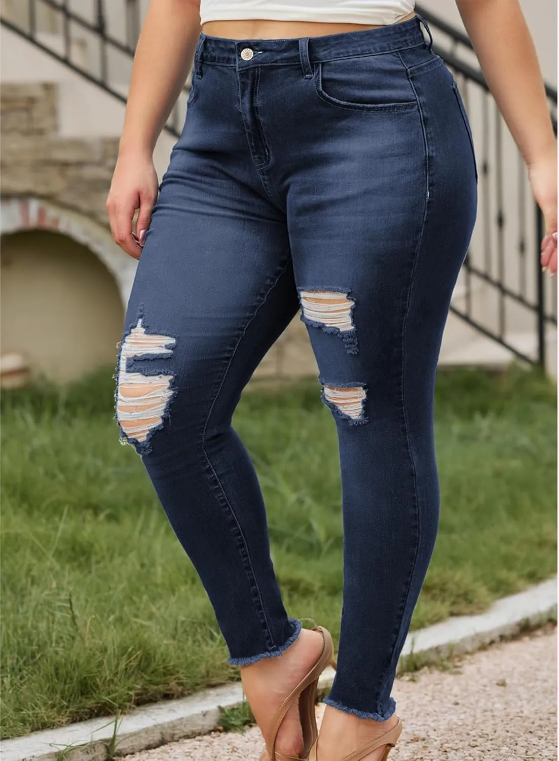 LALAGEN Women 2025 Plus Size Skinny Jeans Stretchy High Waisted Ankle Jean Destroyed Ripped Denim Pants 1X-5X