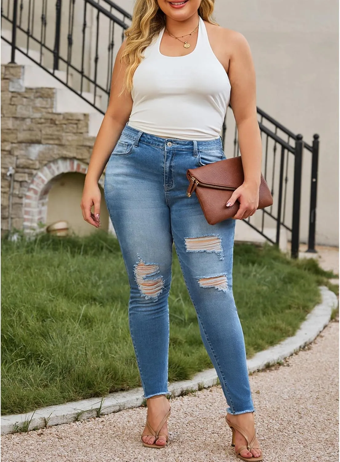 LALAGEN Women 2025 Plus Size Skinny Jeans Stretchy High Waisted Ankle Jean Destroyed Ripped Denim Pants 1X-5X