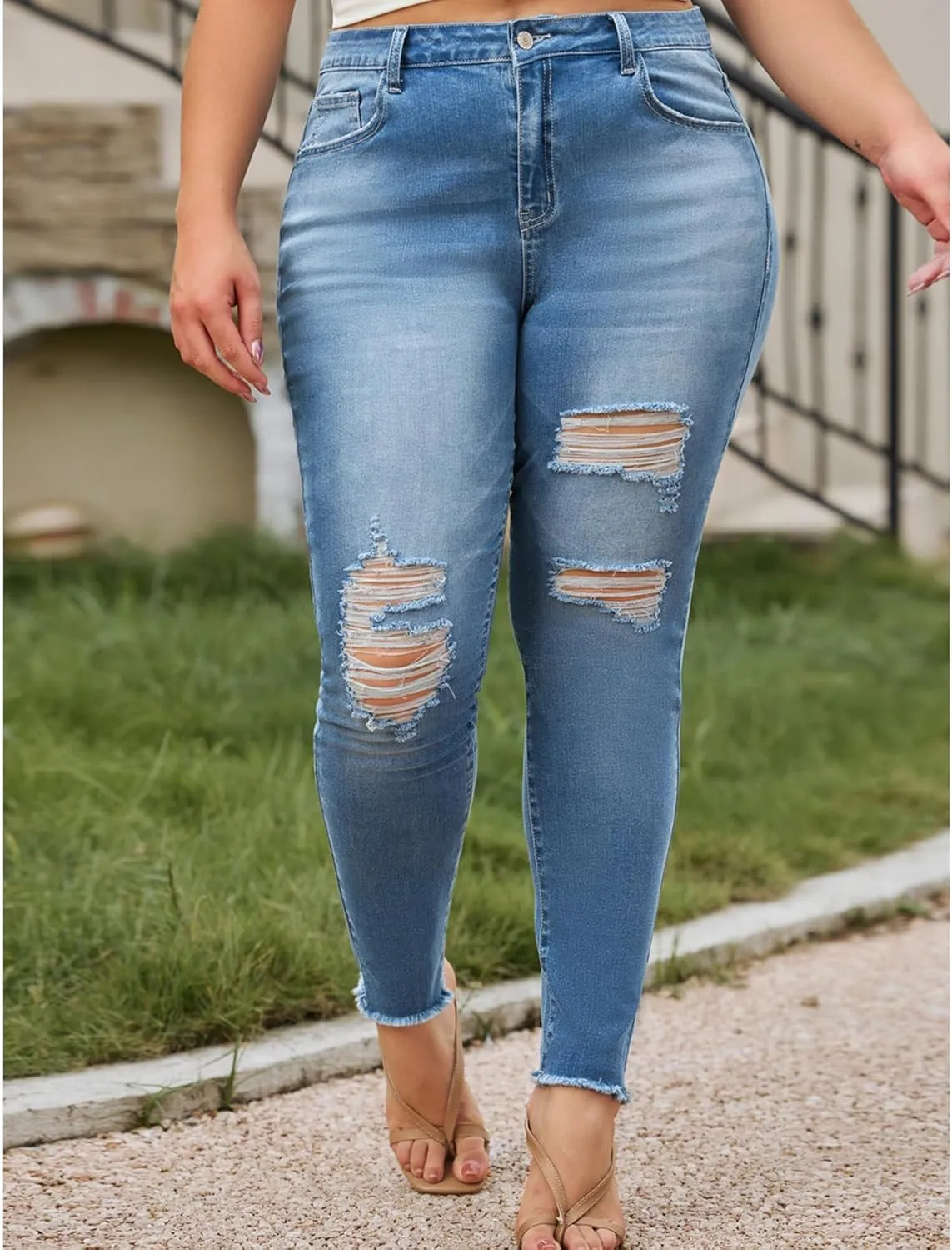 LALAGEN Women 2025 Plus Size Skinny Jeans Stretchy High Waisted Ankle Jean Destroyed Ripped Denim Pants 1X-5X