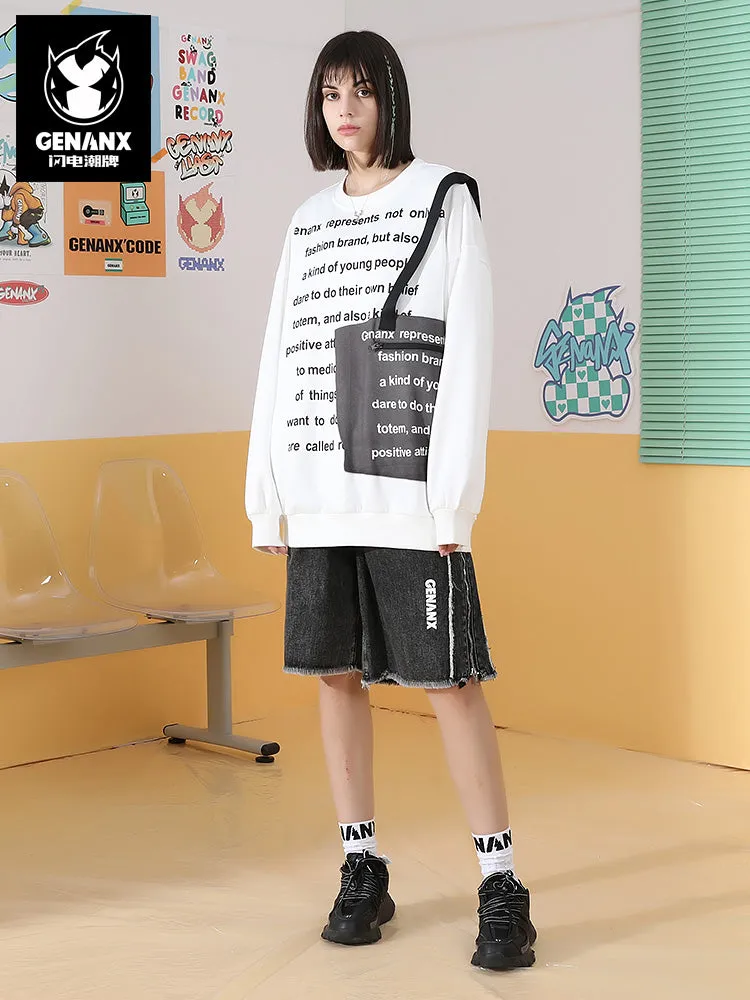 Letter full print shoulder bag with fabric webbing zip pocket space cotton hoodie