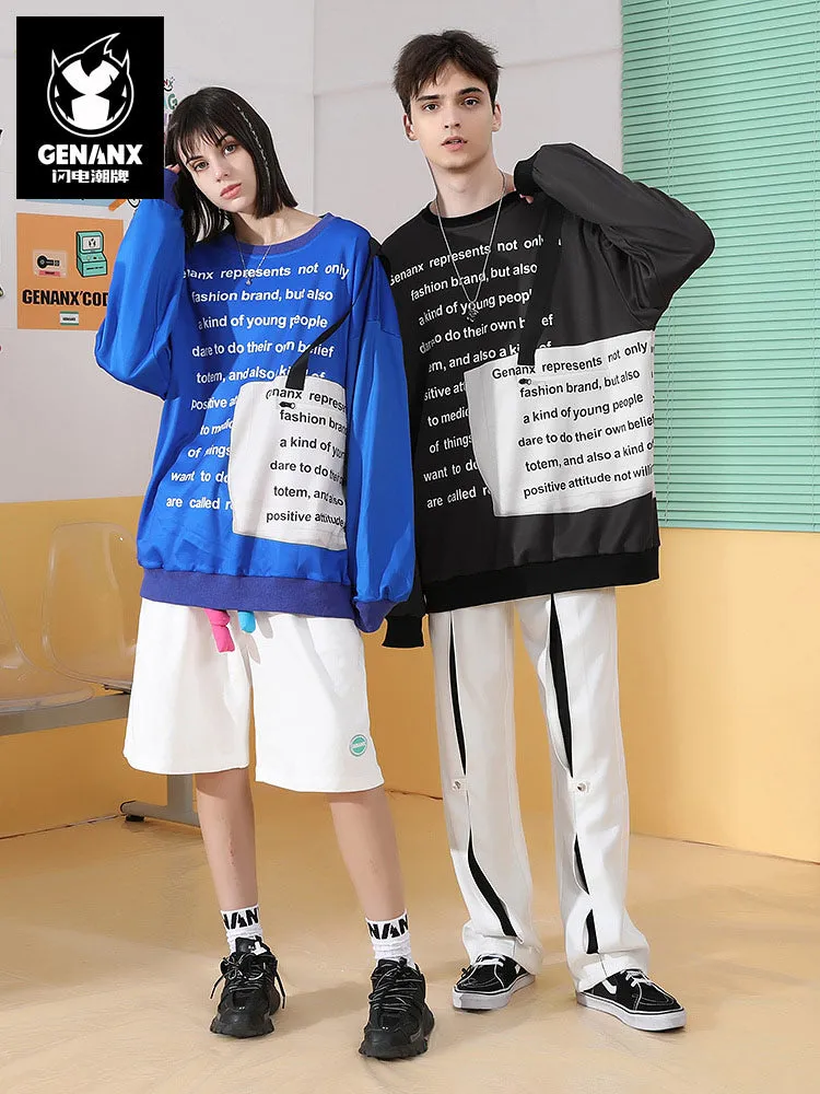 Letter full print shoulder bag with fabric webbing zip pocket space cotton hoodie