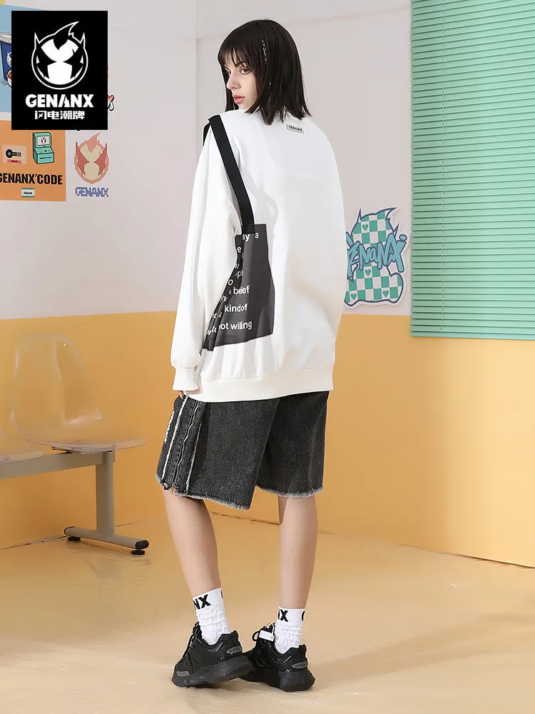 Letter full print shoulder bag with fabric webbing zip pocket space cotton hoodie