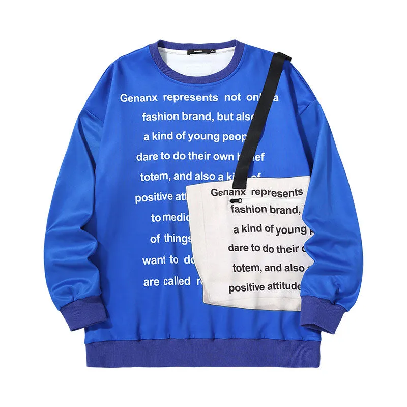 Letter full print shoulder bag with fabric webbing zip pocket space cotton hoodie