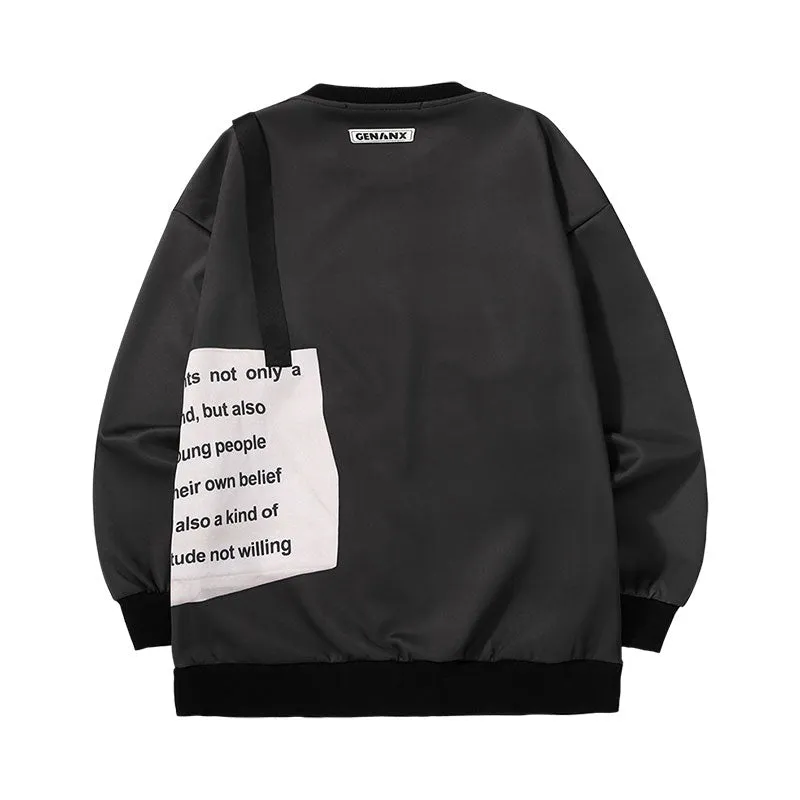 Letter full print shoulder bag with fabric webbing zip pocket space cotton hoodie
