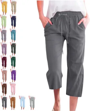 Linen Capri Pants for Women Cotton Casual,Drawstring High Waist Pants Wide Leg Cropped Trousers