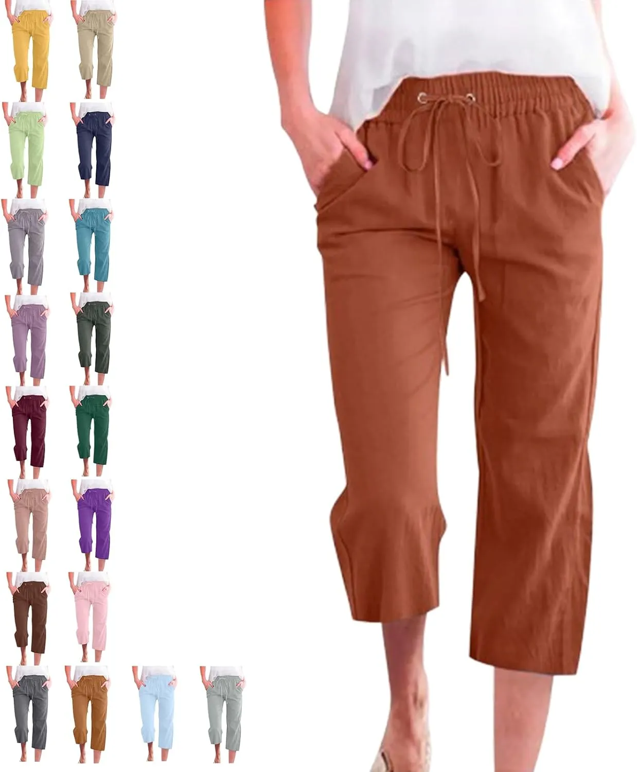 Linen Capri Pants for Women Cotton Casual,Drawstring High Waist Pants Wide Leg Cropped Trousers
