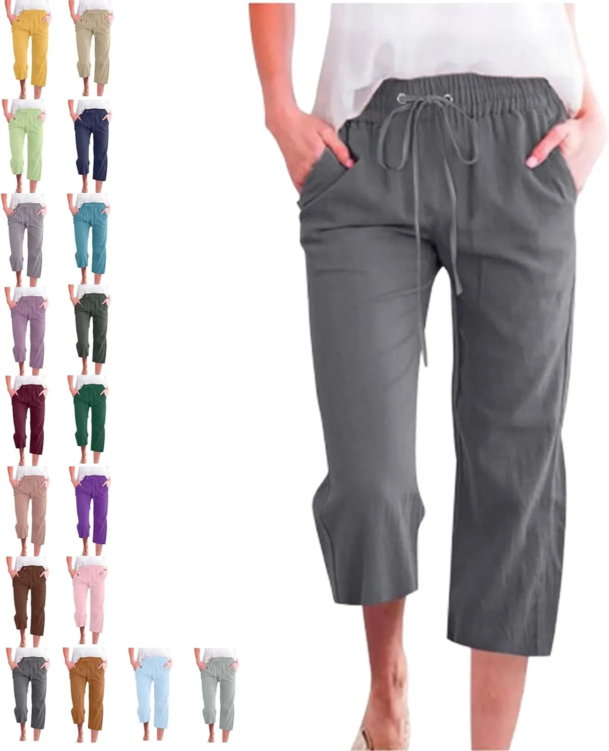 Linen Capri Pants for Women Cotton Casual,Drawstring High Waist Pants Wide Leg Cropped Trousers