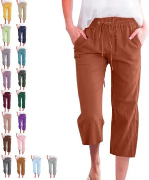 Linen Capri Pants for Women Cotton Casual,Drawstring High Waist Pants Wide Leg Cropped Trousers