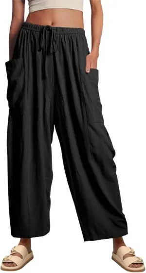 Linen Pants Casual Lightweight Loose Fit Wide Leg Harem Pants with Drawstring with Large Pockets for Home Travel Beach
