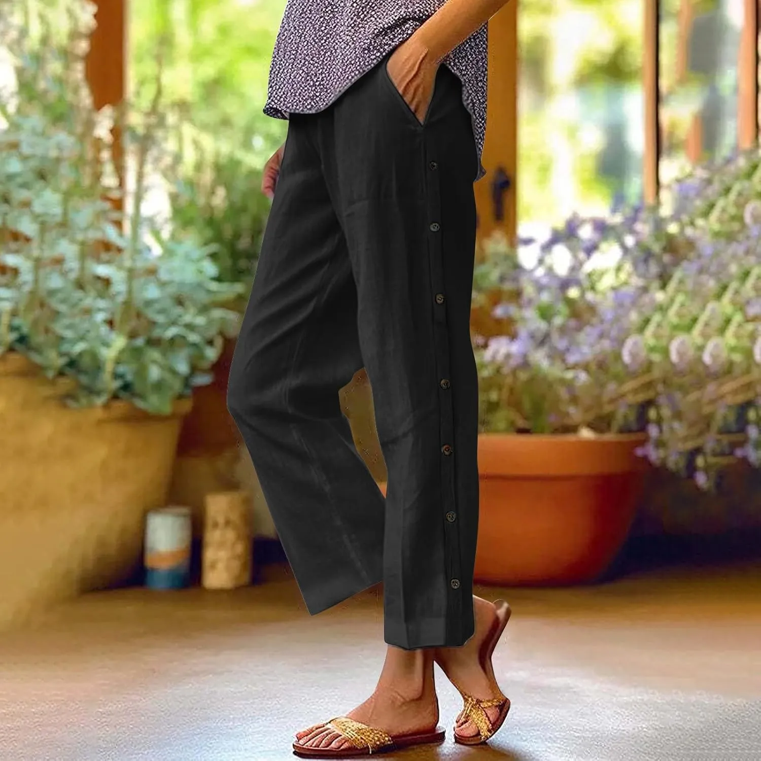 Linen Pants for Women 2025 High Waisted Wide Leg Trousers Trendy Striped Side Button Elastic Waist Summer Gauze Pants