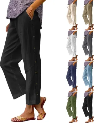 Linen Pants for Women 2025 High Waisted Wide Leg Trousers Trendy Striped Side Button Elastic Waist Summer Gauze Pants
