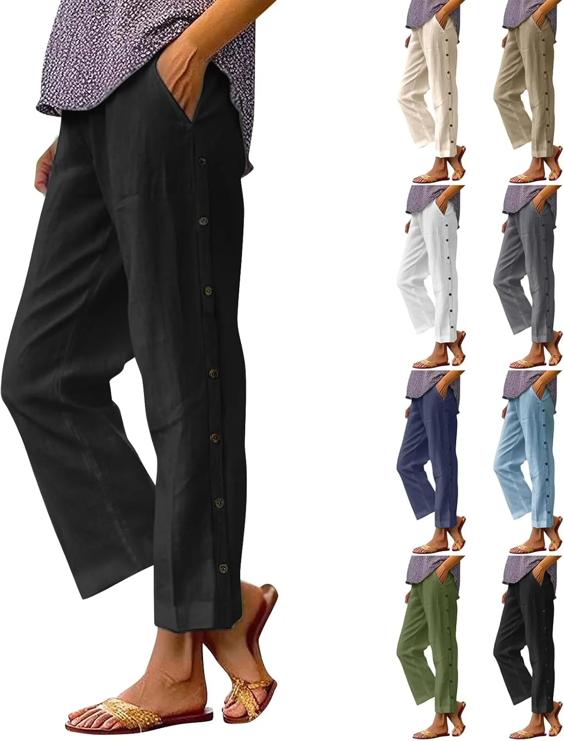 Linen Pants for Women 2025 High Waisted Wide Leg Trousers Trendy Striped Side Button Elastic Waist Summer Gauze Pants