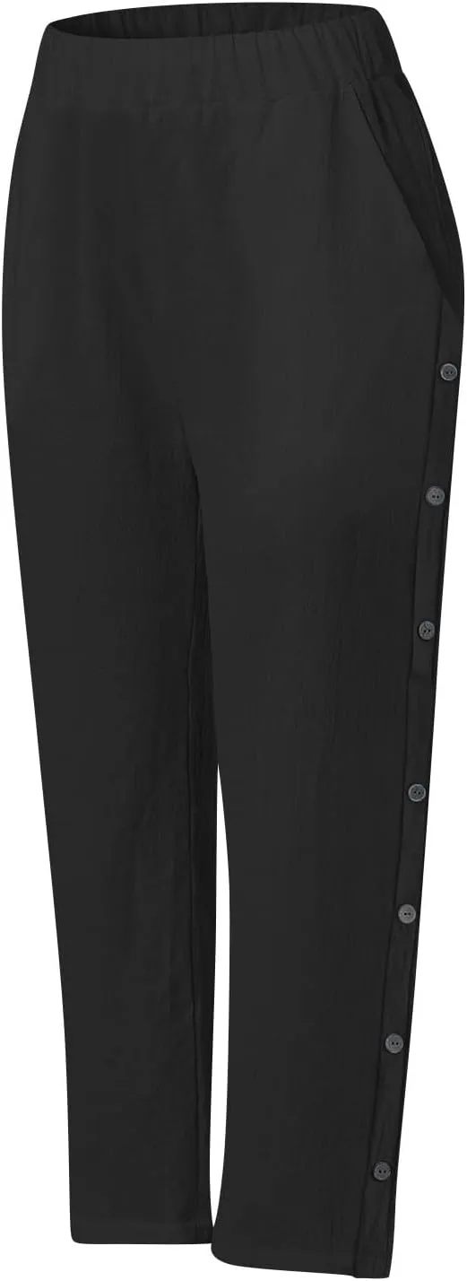 Linen Pants for Women 2025 High Waisted Wide Leg Trousers Trendy Striped Side Button Elastic Waist Summer Gauze Pants