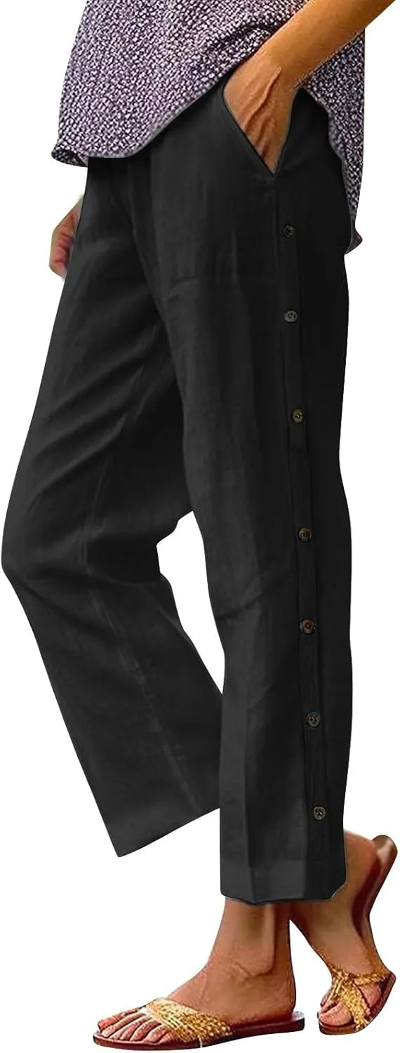 Linen Pants for Women 2025 High Waisted Wide Leg Trousers Trendy Striped Side Button Elastic Waist Summer Gauze Pants