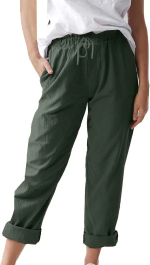 Linen Pants for Women 2025 Straight Wide Leg Lounge Pants Elastic Waist Roll Up Summer Beach Trousers with Pockets