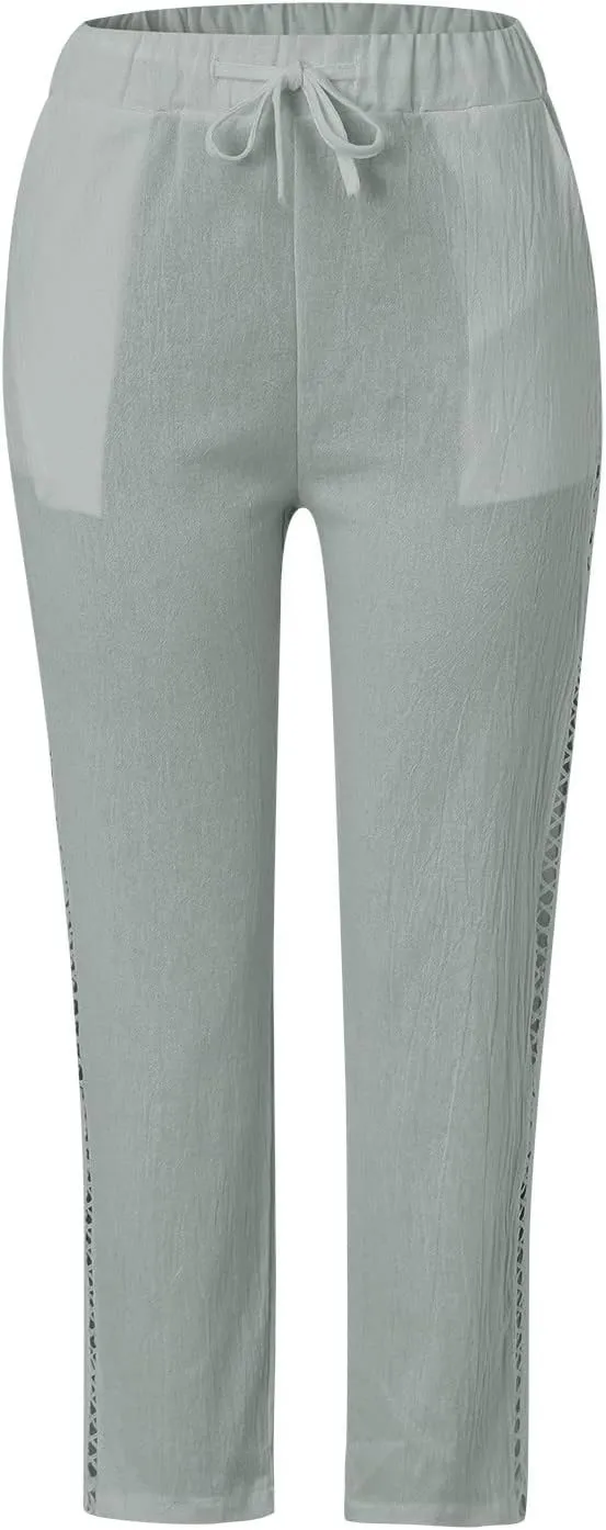 Linen Pants for Women 2025 Summer High Waist Elastic Straight Leg Lounge Pant Casual Loose Beach Lightweight Trousers