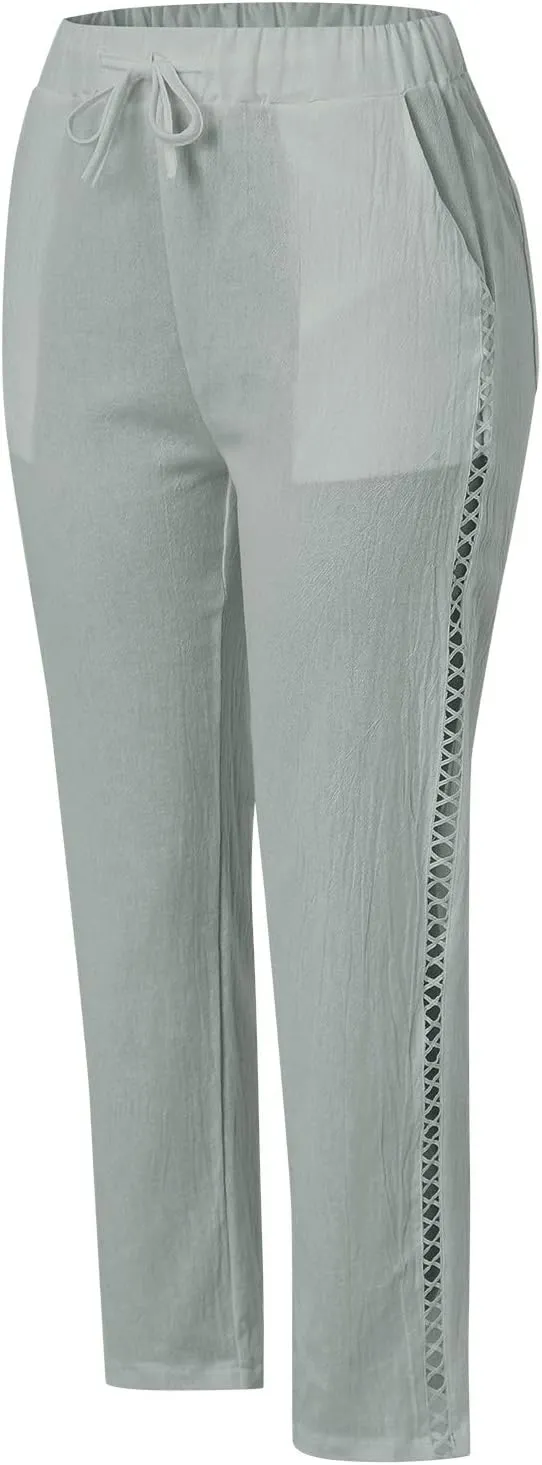 Linen Pants for Women 2025 Summer High Waist Elastic Straight Leg Lounge Pant Casual Loose Beach Lightweight Trousers