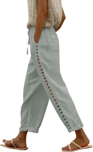 Linen Pants for Women 2025 Summer High Waist Elastic Straight Leg Lounge Pant Casual Loose Beach Lightweight Trousers
