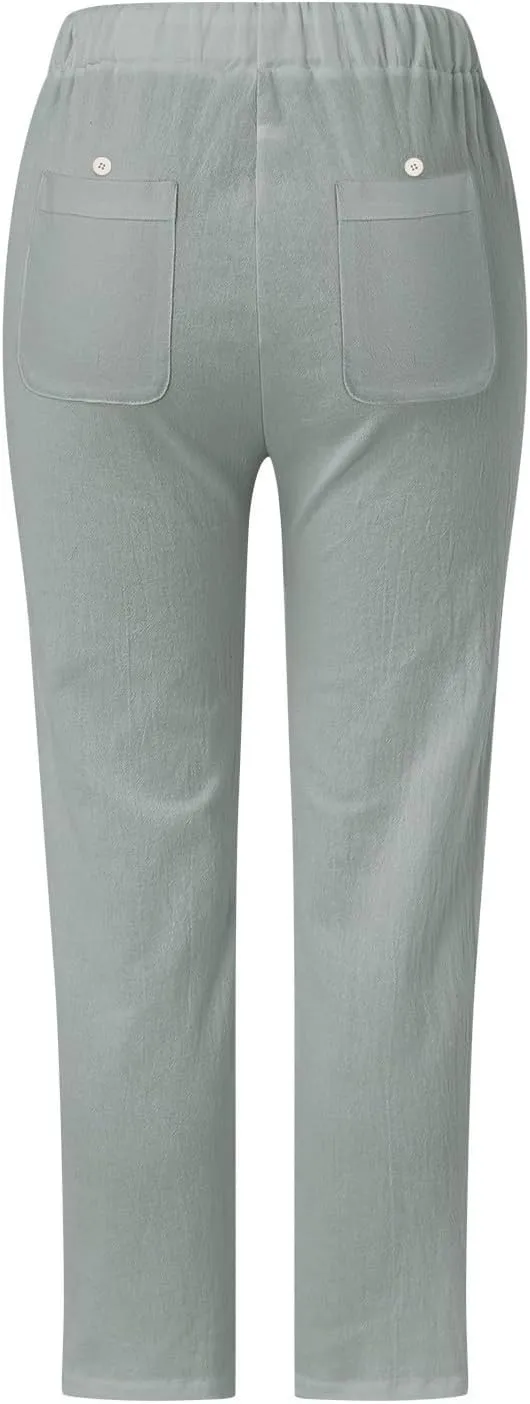 Linen Pants for Women 2025 Summer High Waist Elastic Straight Leg Lounge Pant Casual Loose Beach Lightweight Trousers
