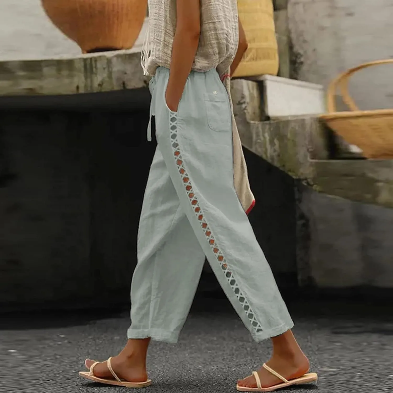 Linen Pants for Women 2025 Summer High Waist Elastic Straight Leg Lounge Pant Casual Loose Beach Lightweight Trousers