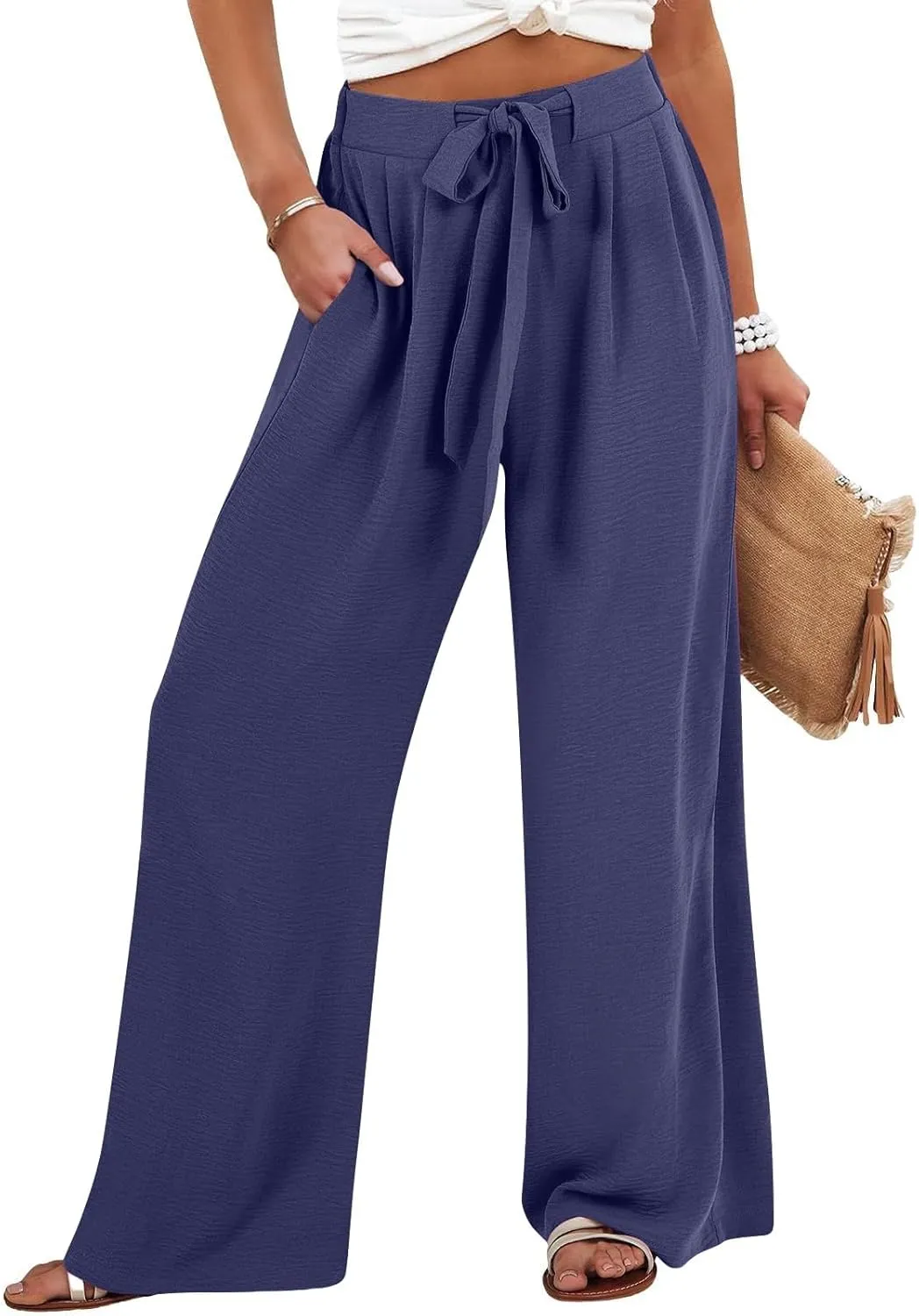 Linen Pants for Women 2025 Summer High Waisted Wide Leg Palazzo with Pockets Casual Loose Fit Flowy Beach Trousers