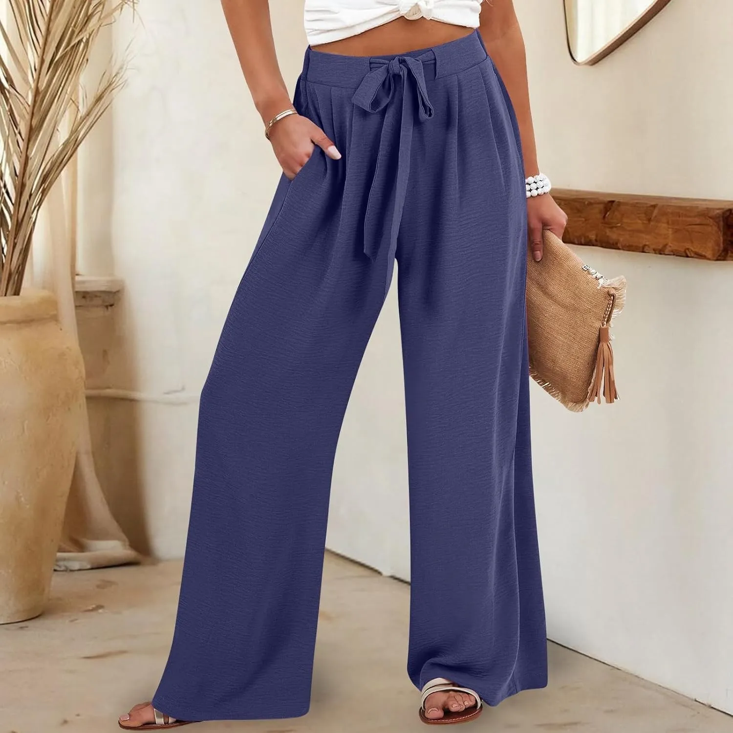 Linen Pants for Women 2025 Summer High Waisted Wide Leg Palazzo with Pockets Casual Loose Fit Flowy Beach Trousers