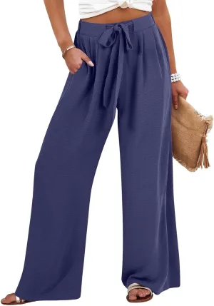 Linen Pants for Women 2025 Summer High Waisted Wide Leg Palazzo with Pockets Casual Loose Fit Flowy Beach Trousers