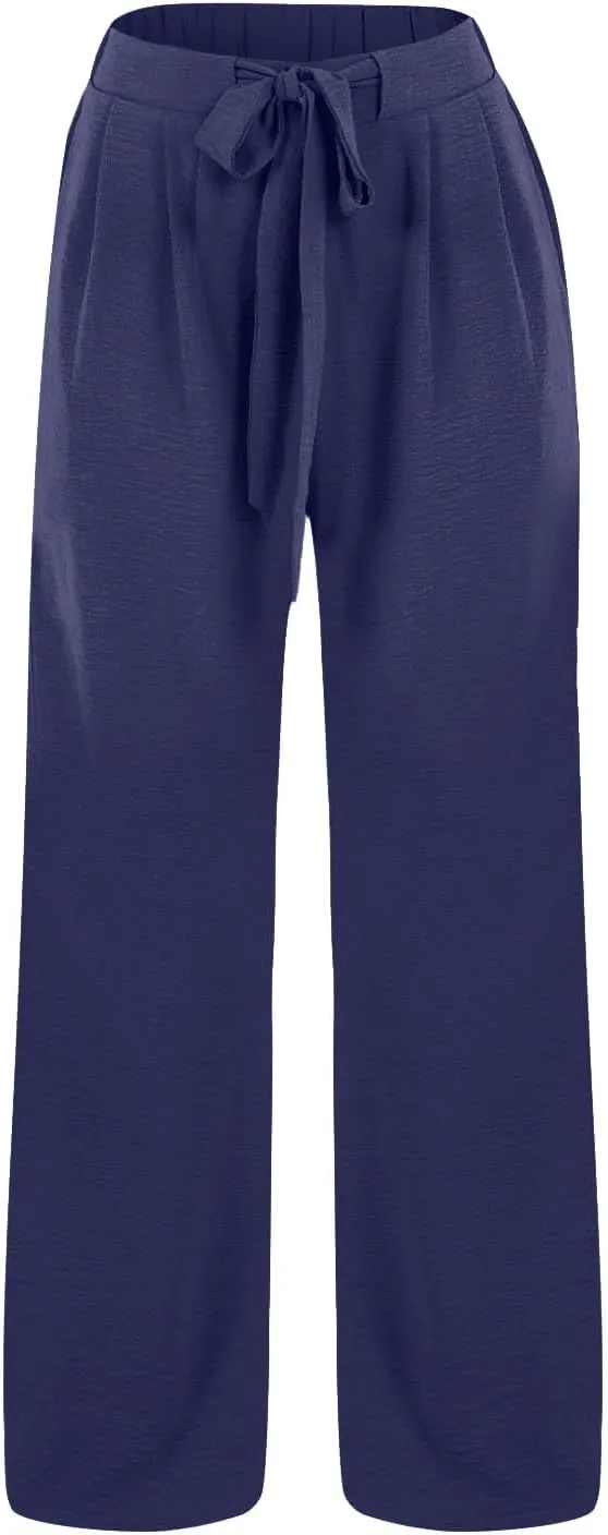 Linen Pants for Women 2025 Summer High Waisted Wide Leg Palazzo with Pockets Casual Loose Fit Flowy Beach Trousers