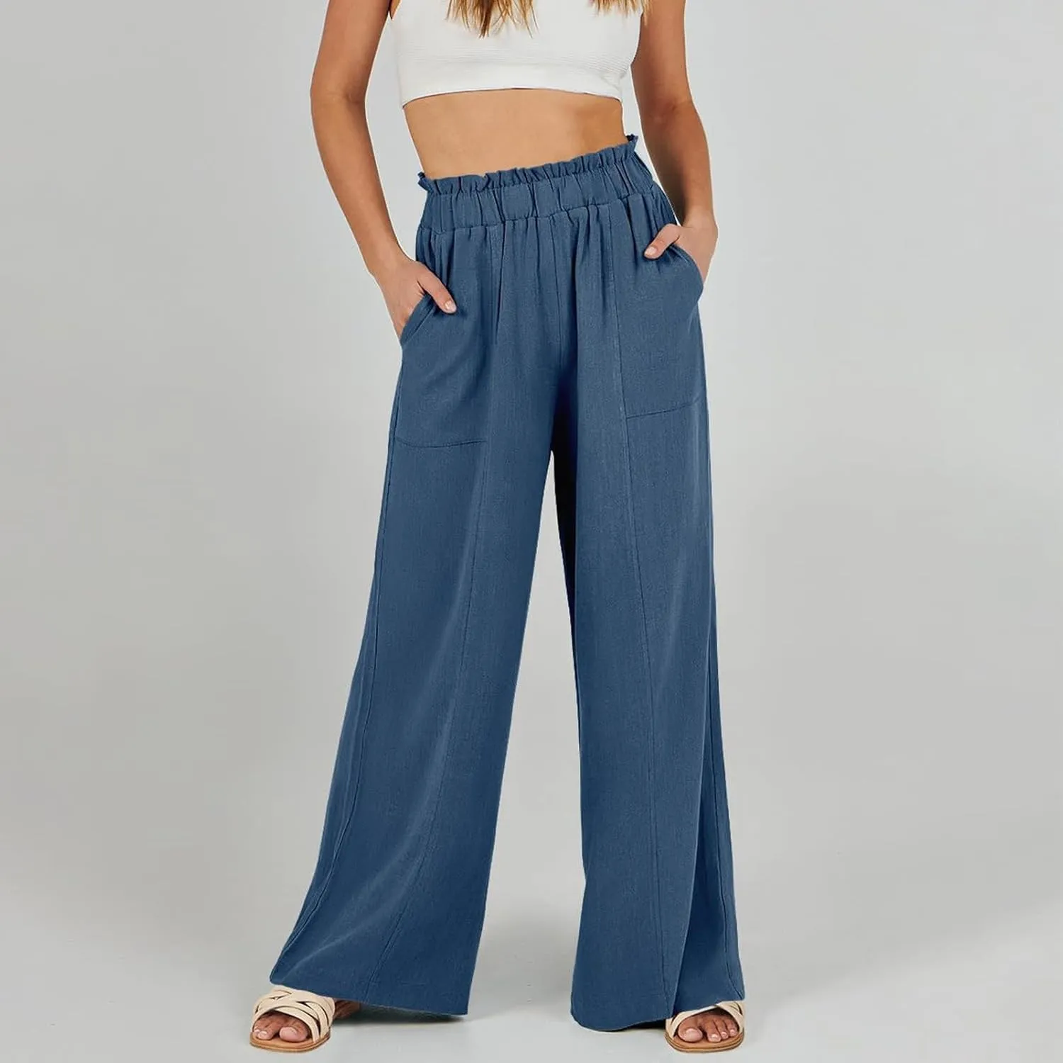 Linen Pants for Women Trendy Casual Ruffle High Waist Slacks Wide Leg Beach Palazzo Pants Trousers with Pockets