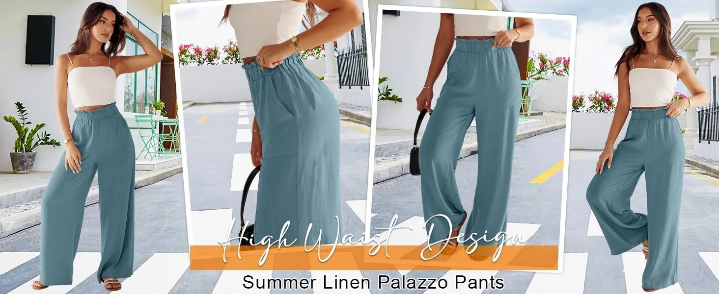 Linen Pants for Women Trendy Casual Ruffle High Waist Slacks Wide Leg Beach Palazzo Pants Trousers with Pockets