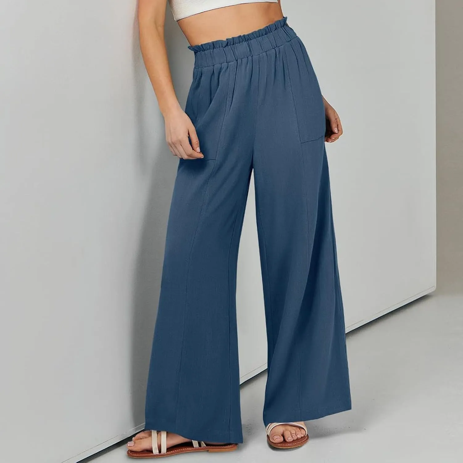 Linen Pants for Women Trendy Casual Ruffle High Waist Slacks Wide Leg Beach Palazzo Pants Trousers with Pockets