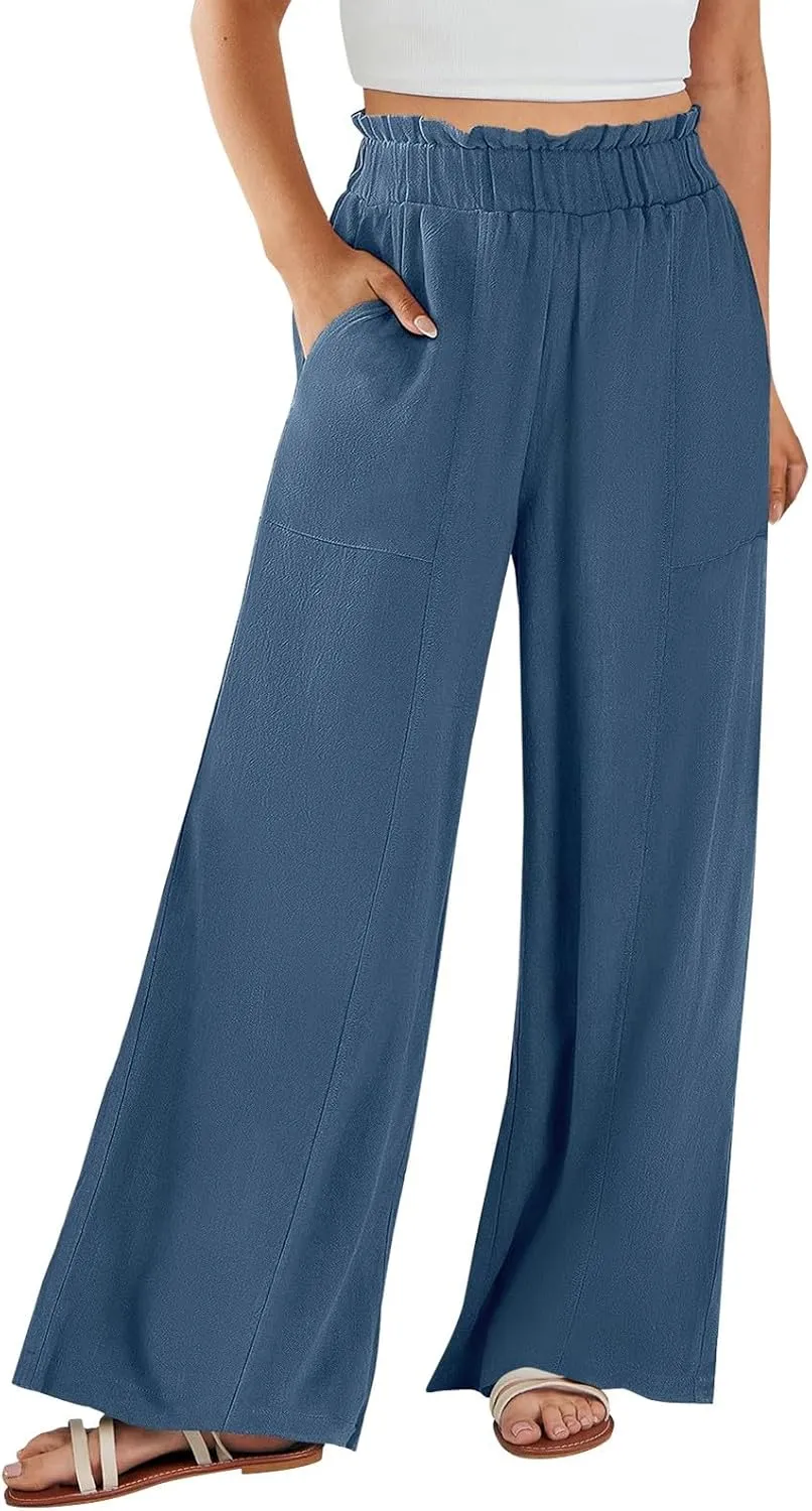 Linen Pants for Women Trendy Casual Ruffle High Waist Slacks Wide Leg Beach Palazzo Pants Trousers with Pockets