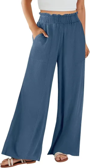 Linen Pants for Women Trendy Casual Ruffle High Waist Slacks Wide Leg Beach Palazzo Pants Trousers with Pockets