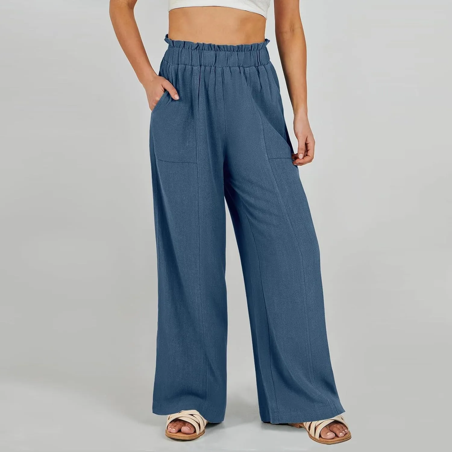 Linen Pants for Women Trendy Casual Ruffle High Waist Slacks Wide Leg Beach Palazzo Pants Trousers with Pockets