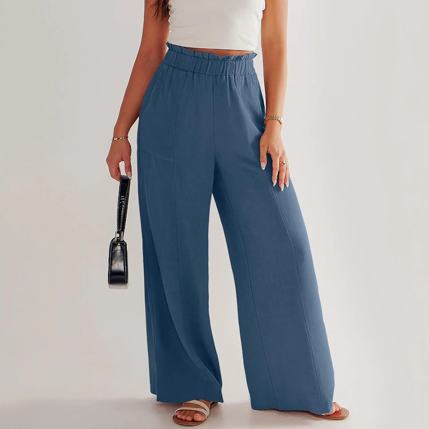 Linen Pants for Women Trendy Casual Ruffle High Waist Slacks Wide Leg Beach Palazzo Pants Trousers with Pockets