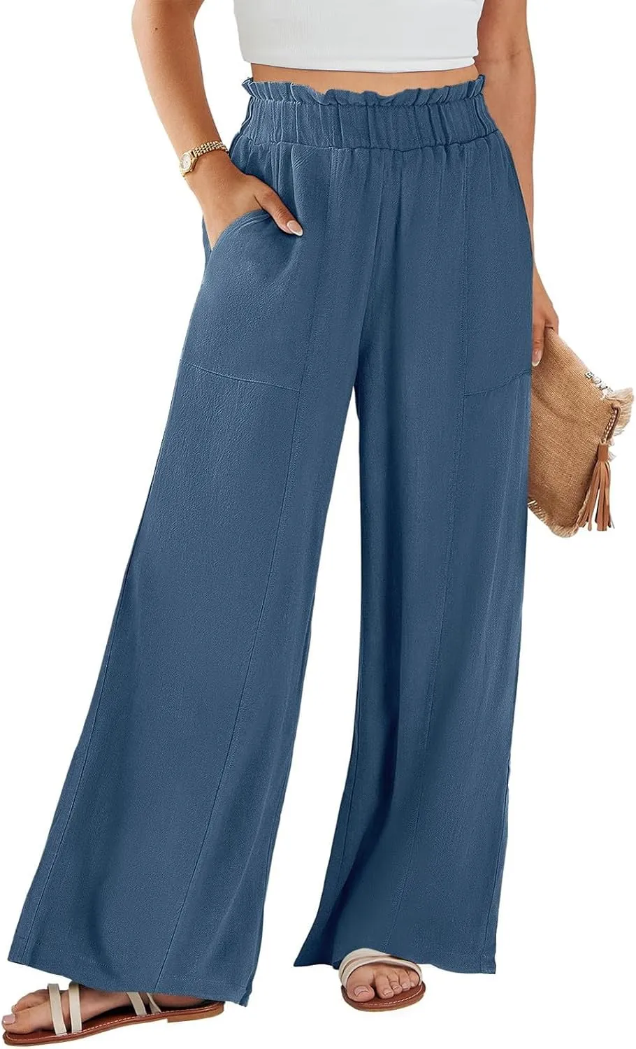 Linen Pants for Women Trendy Casual Ruffle High Waist Slacks Wide Leg Beach Palazzo Pants Trousers with Pockets