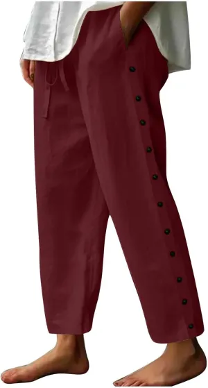 Linen Pants Women Elastic High Waisted Drawstring Beach Pant Casual Loose Side Button Wide Leg Trousers with Pocket